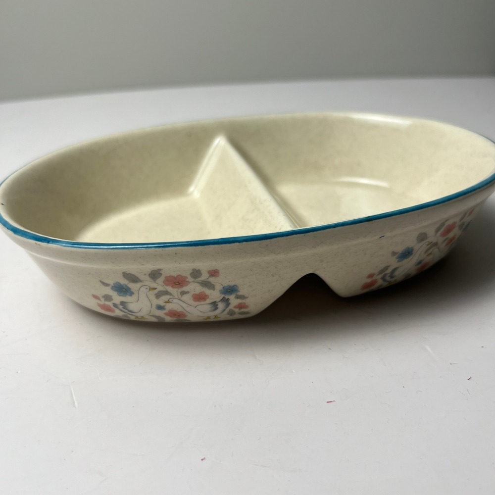 Vintage Divided Serving Dish Japan Cream Blue Goose Floral Country Cottagecore